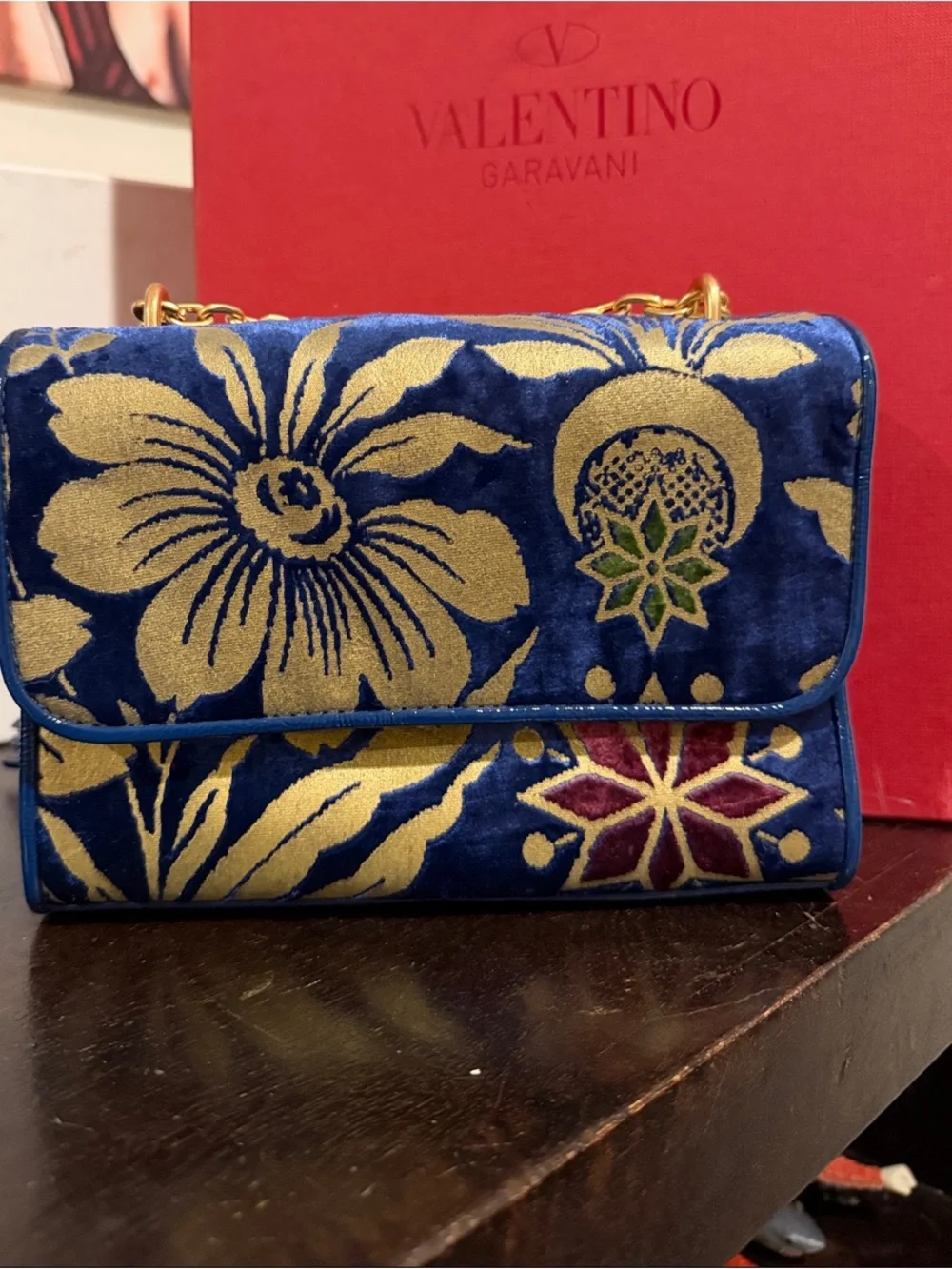 Tory Burch Blue Velvet Floral Crossbody with Gold Embroidery
